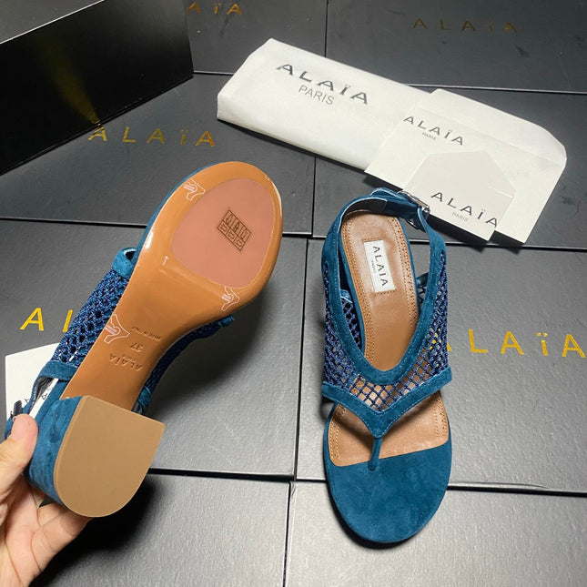 ALAIA 26S MESH THONG HEELS 55 MM IN PETROL BLUE SUEDE
