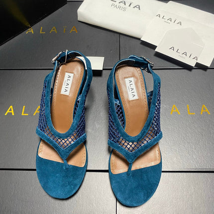 ALAIA 26S MESH THONG HEELS 55 MM IN PETROL BLUE SUEDE