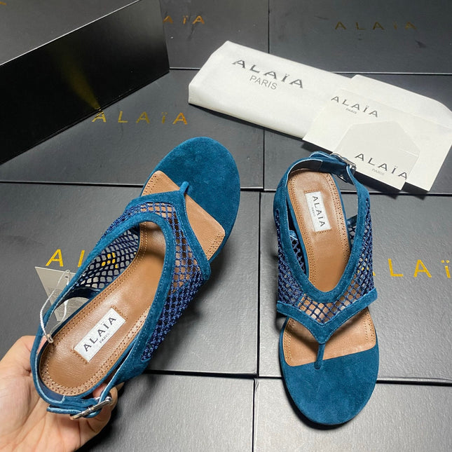 ALAIA 26S MESH THONG HEELS 55 MM IN PETROL BLUE SUEDE