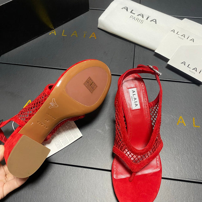 ALAIA 26S MESH THONG HEELS 55 MM IN RED SUEDE