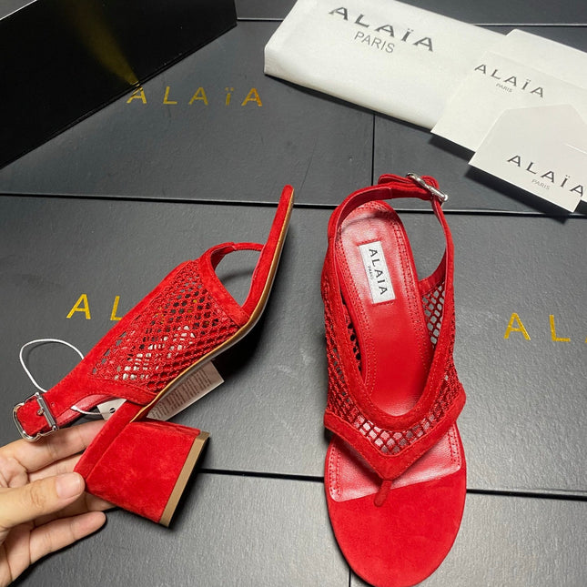 ALAIA 26S MESH THONG HEELS 55 MM IN RED SUEDE