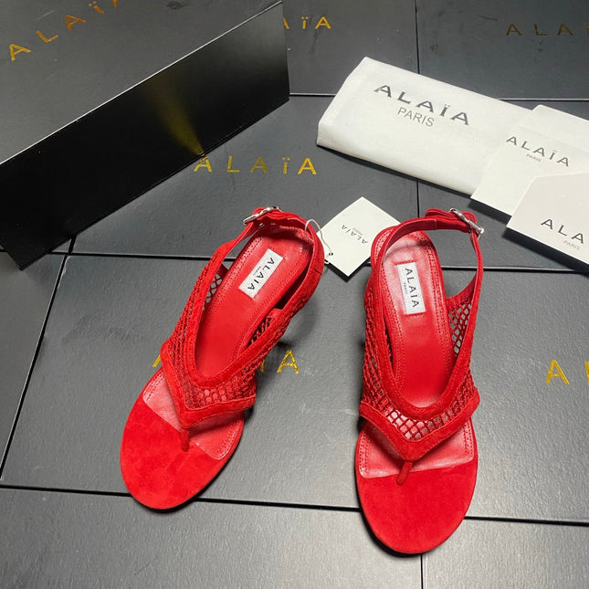 ALAIA 26S MESH THONG HEELS 55 MM IN RED SUEDE