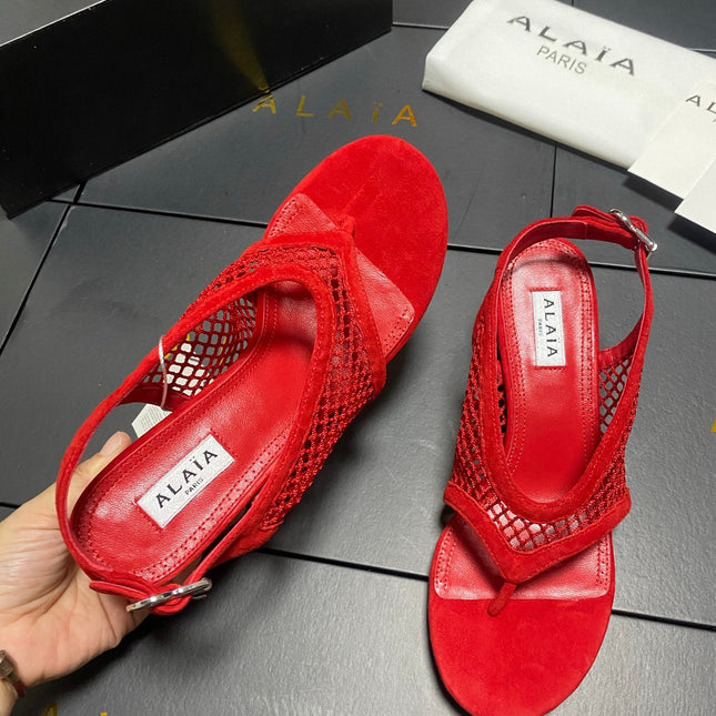 ALAIA 26S MESH THONG HEELS 55 MM IN RED SUEDE