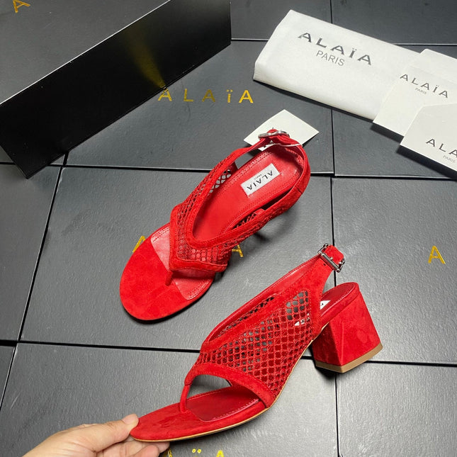 ALAIA 26S MESH THONG HEELS 55 MM IN RED SUEDE