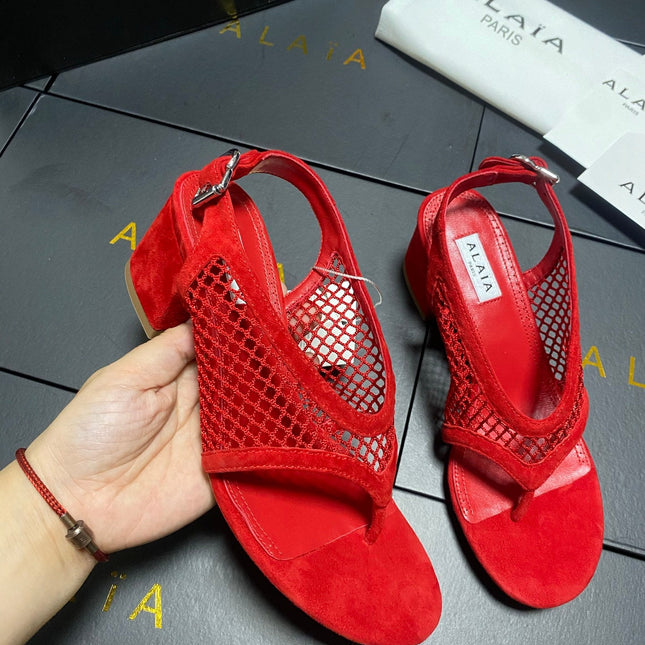ALAIA 26S MESH THONG HEELS 55 MM IN RED SUEDE