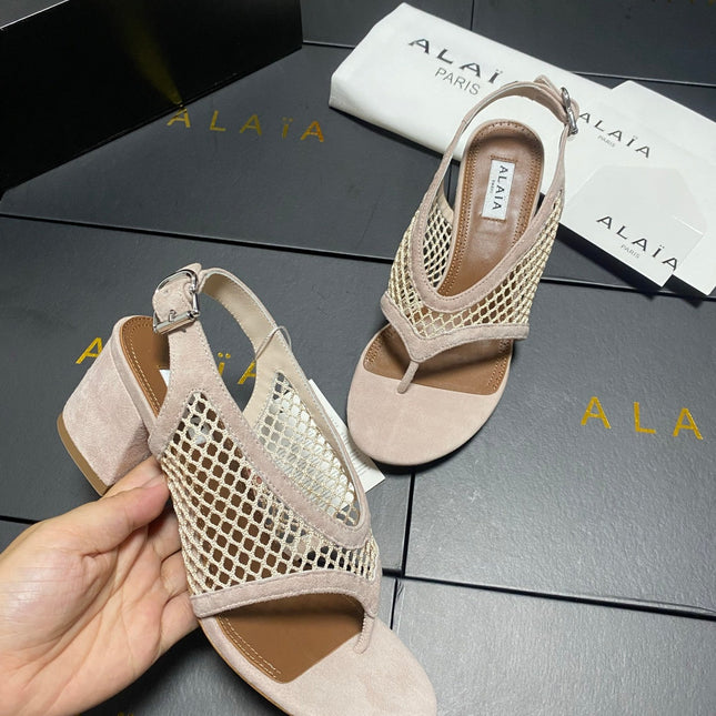 ALAIA 26S MESH THONG HEELS 55 MM IN BEIGE SUEDE