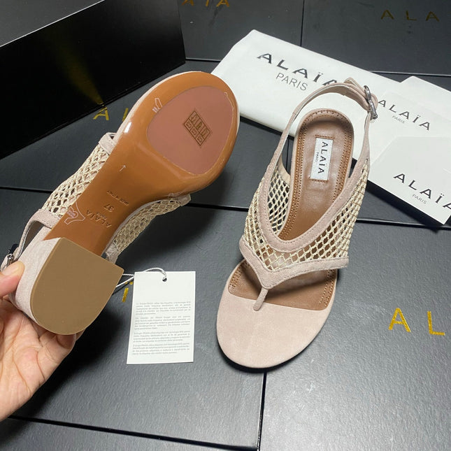 ALAIA 26S MESH THONG HEELS 55 MM IN BEIGE SUEDE
