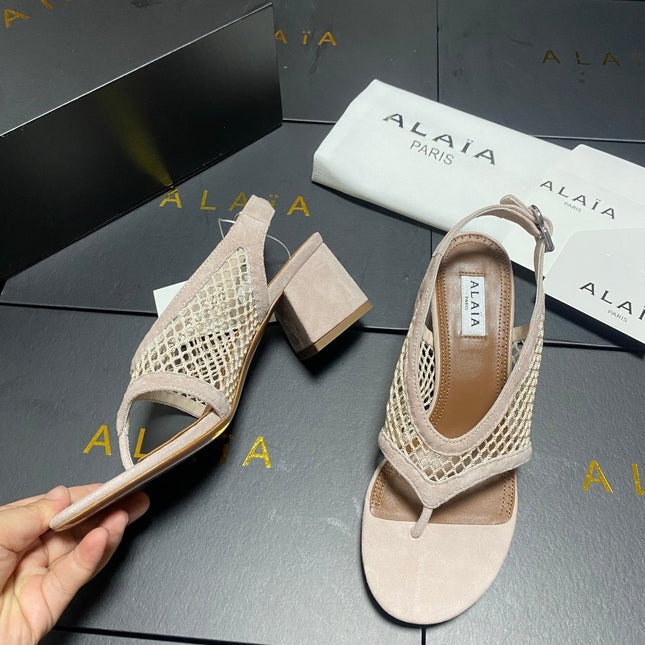 ALAIA 26S MESH THONG HEELS 55 MM IN BEIGE SUEDE