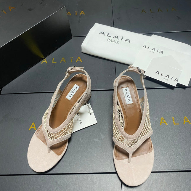 ALAIA 26S MESH THONG HEELS 55 MM IN BEIGE SUEDE