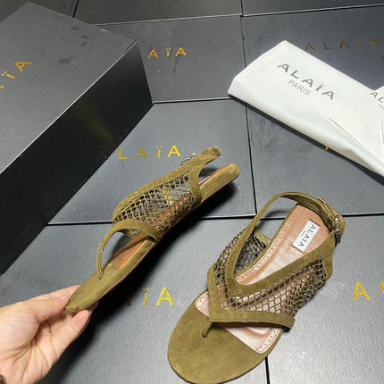 ALAIA 26S FLAT MESH THONG SANDALS MM IN MOSS GREEN SUEDE
