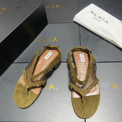 ALAIA 26S FLAT MESH THONG SANDALS MM IN MOSS GREEN SUEDE