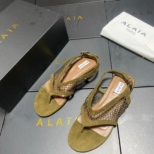 ALAIA 26S FLAT MESH THONG SANDALS MM IN MOSS GREEN SUEDE