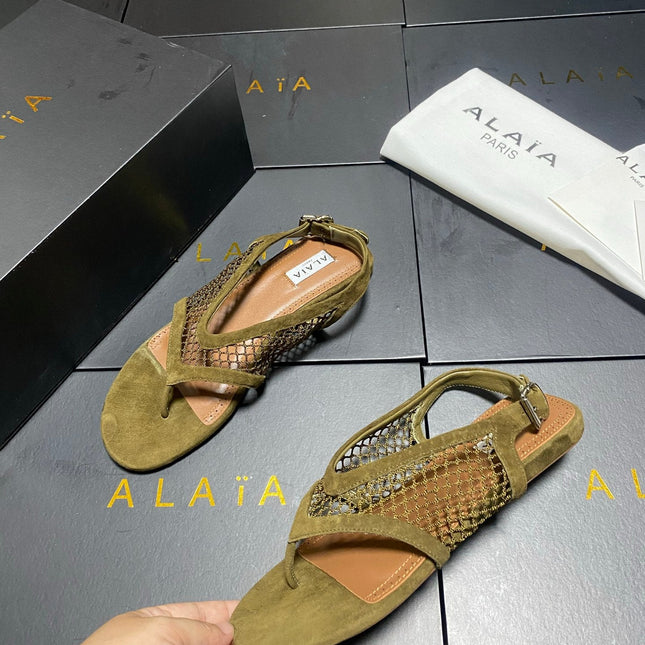 ALAIA 26S FLAT MESH THONG SANDALS MM IN MOSS GREEN SUEDE