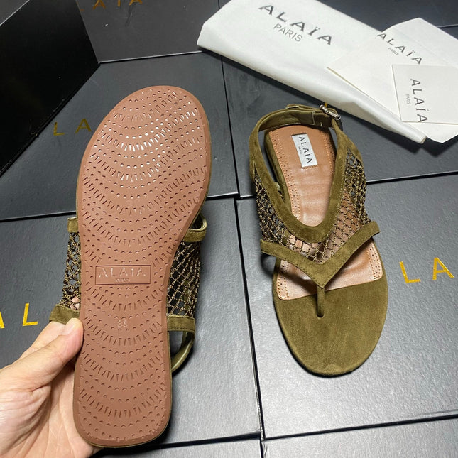 ALAIA 26S FLAT MESH THONG SANDALS MM IN MOSS GREEN SUEDE