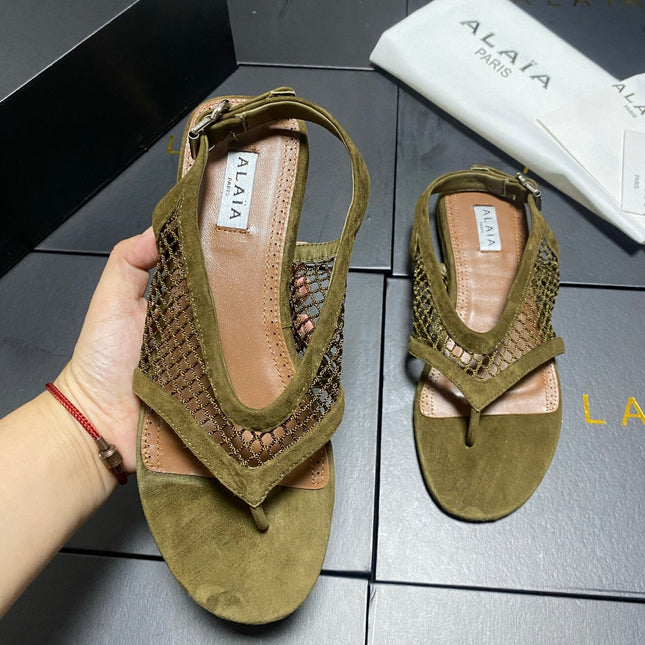 ALAIA 26S FLAT MESH THONG SANDALS MM IN MOSS GREEN SUEDE
