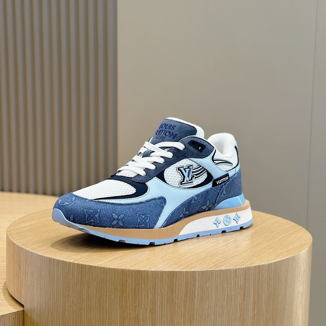 LV RUN AWAY SNEAKERS IN CERULEAN BLUE MESH FABRIC AND SUEDE