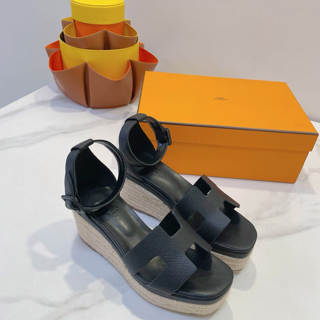 HM 26S ESPADRILLE WEDGE SANDALS IN BLACK CALFSKIN