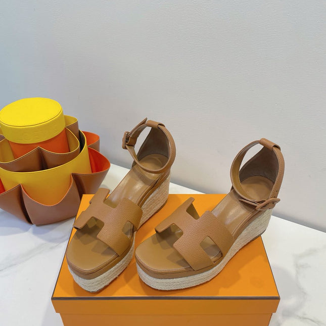 HM 26S ESPADRILLE WEDGE SANDALS IN BROWN CALFSKIN