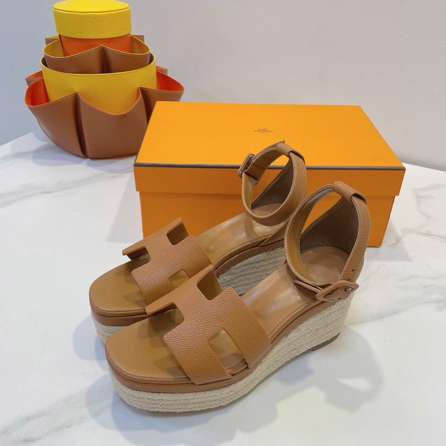 HM 26S ESPADRILLE WEDGE SANDALS IN BROWN CALFSKIN