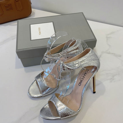 TOM FORD 26S HIGH HEEL SANDALS IN METALLIC SILVER SNAKESKIN CALFSKIN