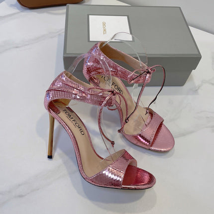 TOM FORD 26S HIGH HEEL SANDALS IN LIGHT METALLIC PINK SNAKESKIN CALFSKIN