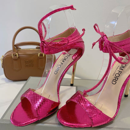 TOM FORD 26S HIGH HEEL SANDALS IN DARK METALLIC PINK SNAKESKIN CALFSKIN