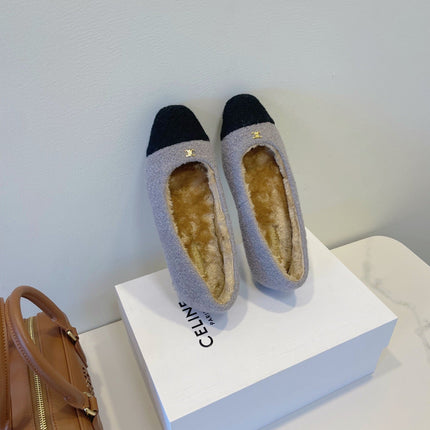 CELINE 26S FLAT SHOES IN GREY AND BLACK WOOL