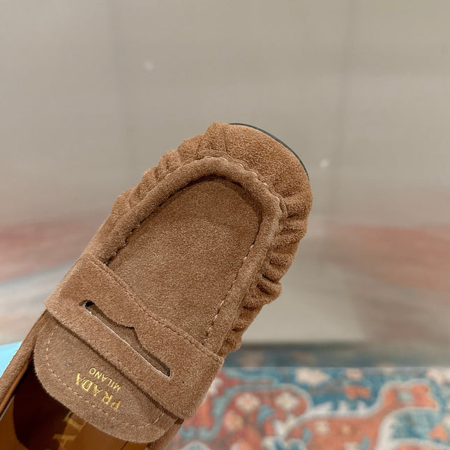 PRADA 26S LOAFERS 25MM IN CARAMEL BROWN SUEDE