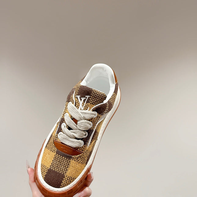 LV 26S PLAID SNEAKERS IN BROWN MIX YELLOW FABRIC