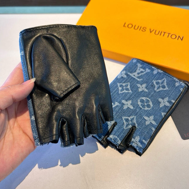 FINGERLESS GLOVES IN ELECTRIC BLUE MONOGRAM DENIM AND BLACK LAMBSKIN 460107