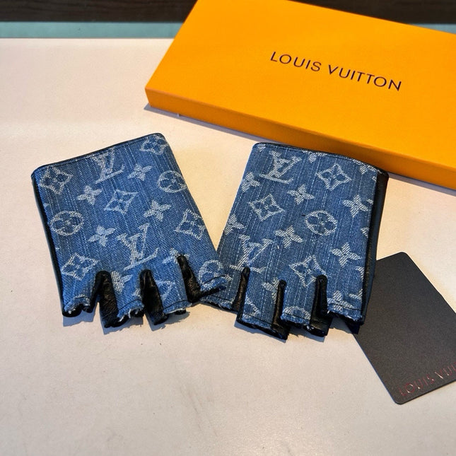 FINGERLESS GLOVES IN ELECTRIC BLUE MONOGRAM DENIM AND BLACK LAMBSKIN 460107