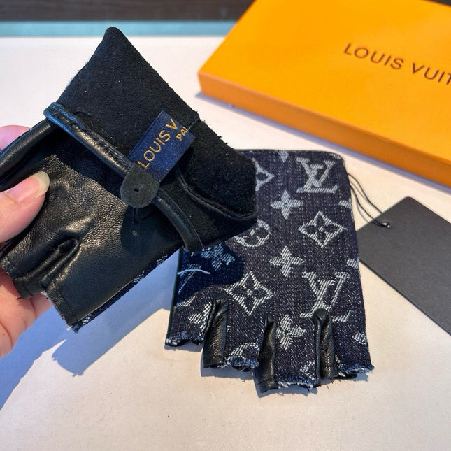 FINGERLESS GLOVES IN BLACK MONOGRAM DENIM AND LAMBSKIN 460108