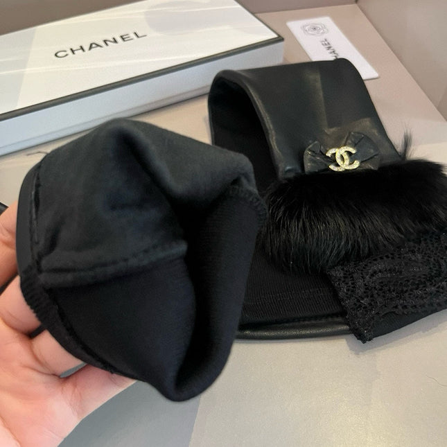 FINGERLESS LONG GLOVES IN BLACK LAMBSKIN WITH RABBIT FUR 465798