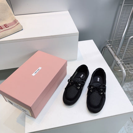 MIUMIU 26S BOAT SHOES IN BLACK MESH AND SUEDE