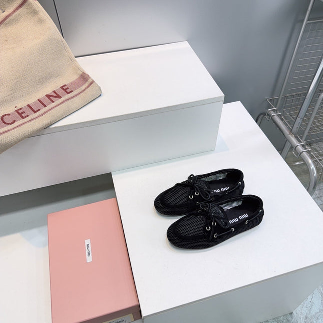 MIUMIU 26S BOAT SHOES IN BLACK MESH AND SUEDE