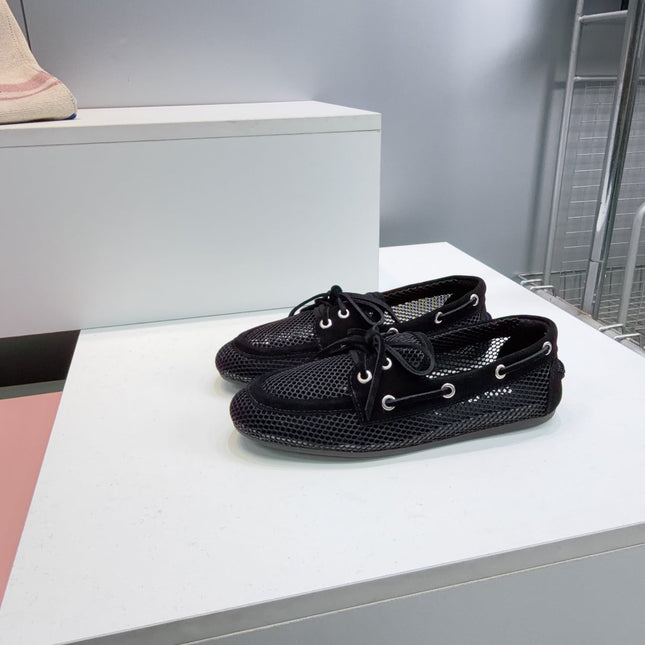 MIUMIU 26S BOAT SHOES IN BLACK MESH AND SUEDE