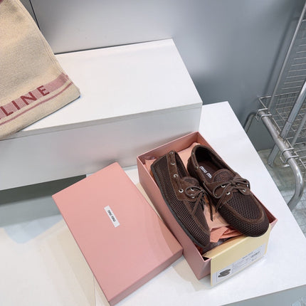 MIUMIU 26S BOAT SHOES IN DARK BROWN MESH AND SUEDE