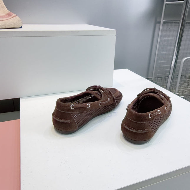 MIUMIU 26S BOAT SHOES IN DARK BROWN MESH AND SUEDE