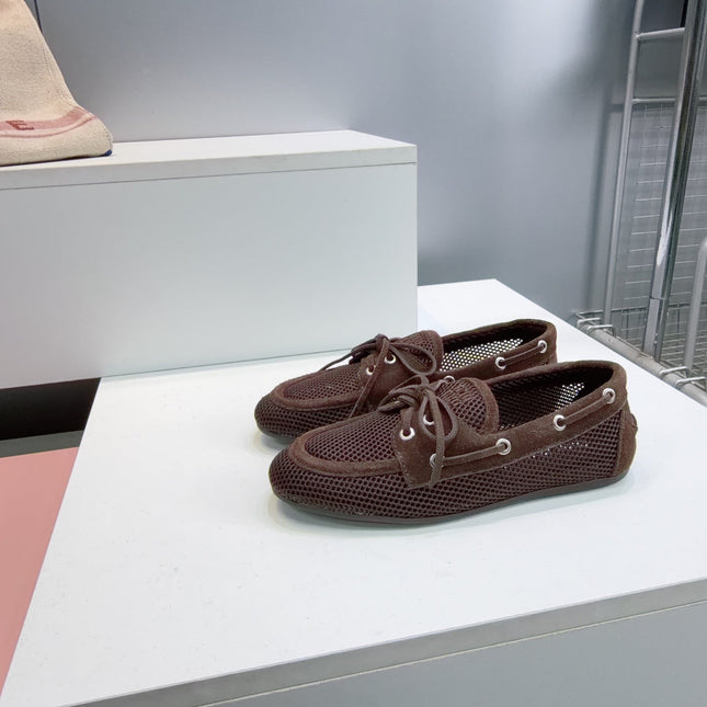 MIUMIU 26S BOAT SHOES IN DARK BROWN MESH AND SUEDE