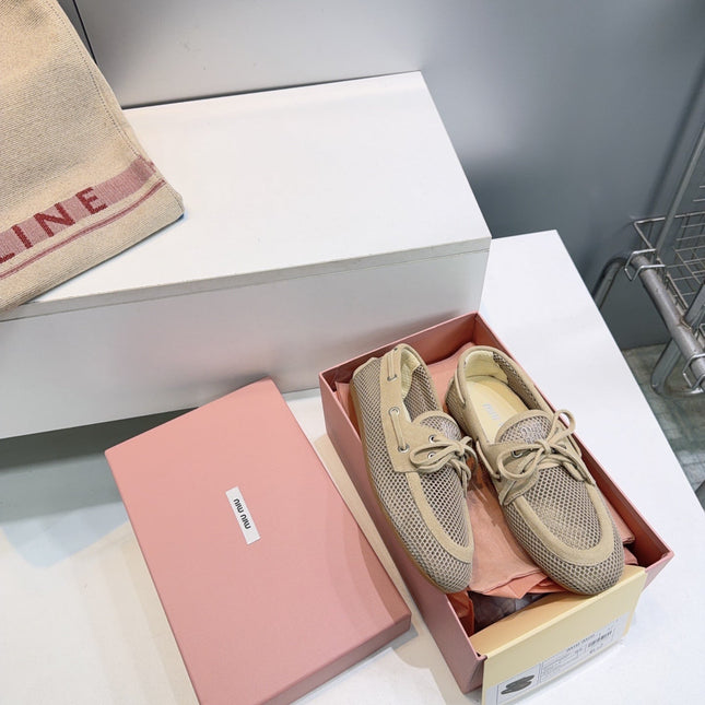 MIUMIU 26S BOAT SHOES IN BROWN MESH AND SUEDE