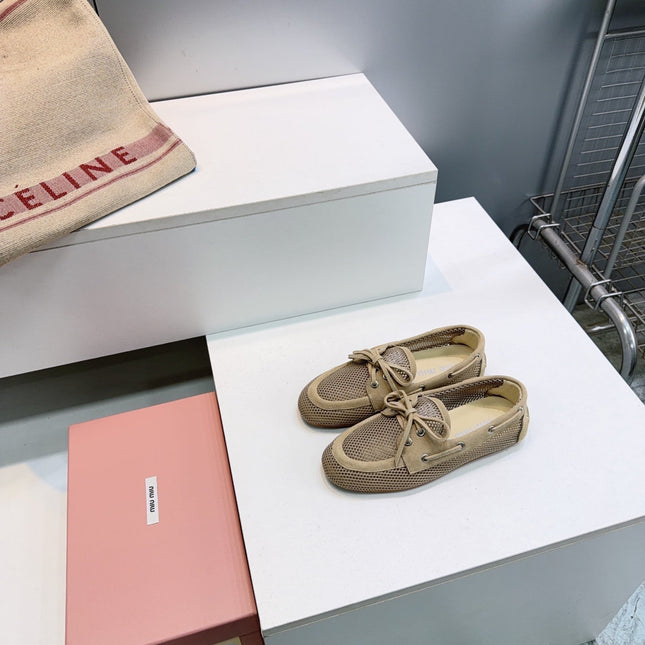 MIUMIU 26S BOAT SHOES IN BROWN MESH AND SUEDE