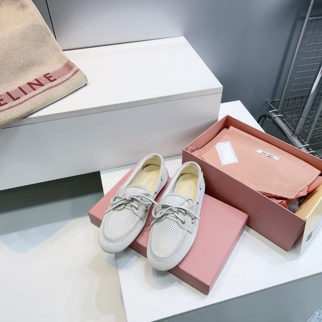MIUMIU 26S BOAT SHOES IN WHITE MESH AND LIGHT GREY SUEDE