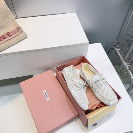 MIUMIU 26S BOAT SHOES IN WHITE MESH AND LIGHT GREY SUEDE