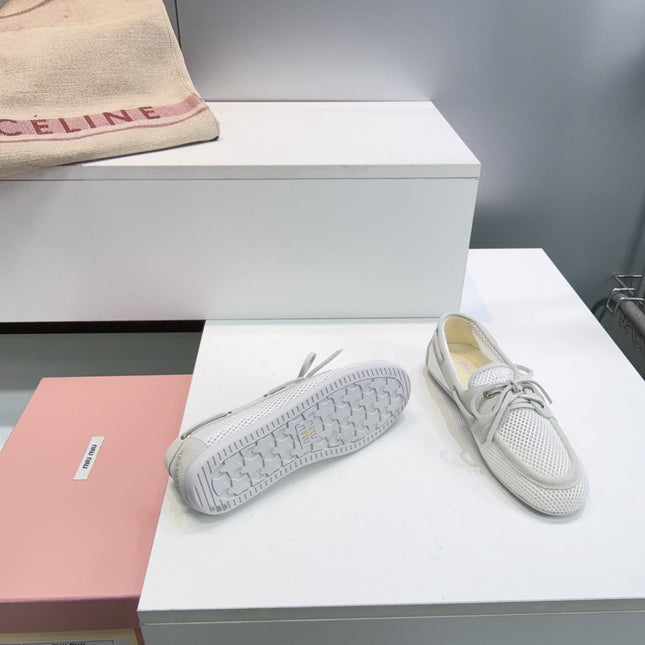 MIUMIU 26S BOAT SHOES IN WHITE MESH AND LIGHT GREY SUEDE