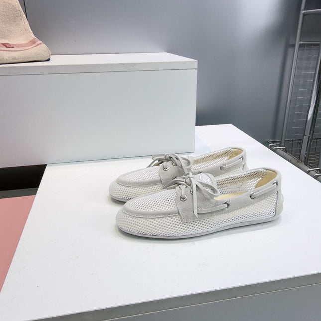 MIUMIU 26S BOAT SHOES IN WHITE MESH AND LIGHT GREY SUEDE