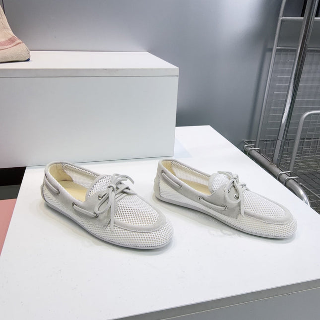 MIUMIU 26S BOAT SHOES IN WHITE MESH AND LIGHT GREY SUEDE