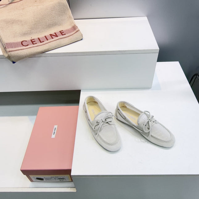 MIUMIU 26S BOAT SHOES IN WHITE MESH AND LIGHT GREY SUEDE