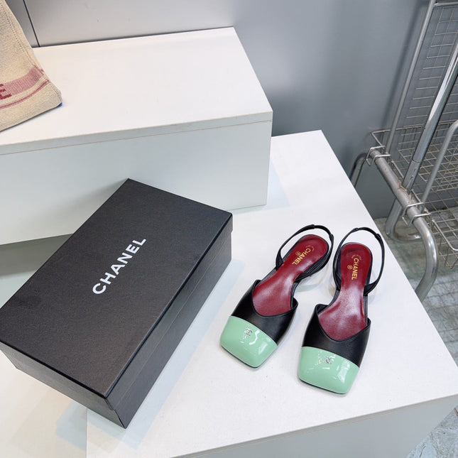 CHANEL 26S FLAT SLINGBACK IN BLACK LAMBSKIN WITH MINT GREEN CAP TOE