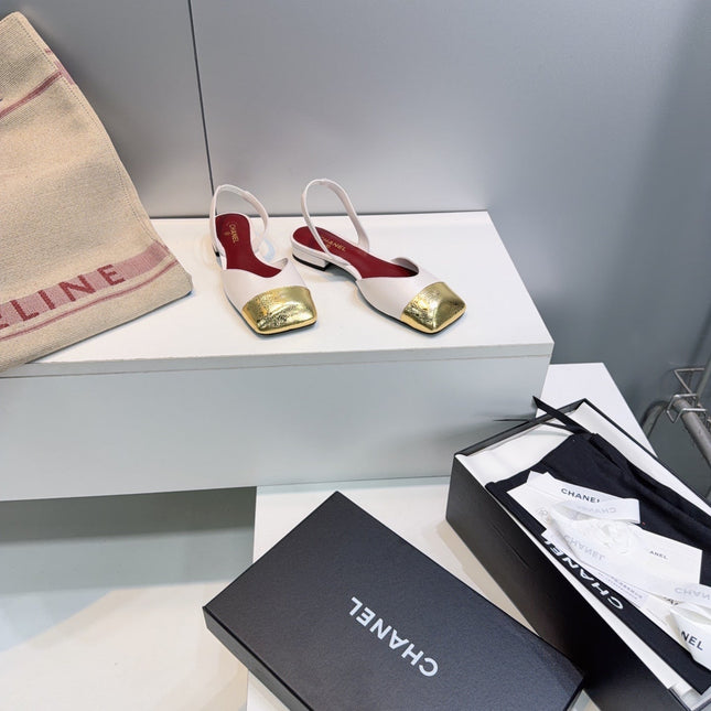 CHANEL 26S FLAT SLINGBACK IN WHITE LAMBSKIN WITH GOLD CAP TOE