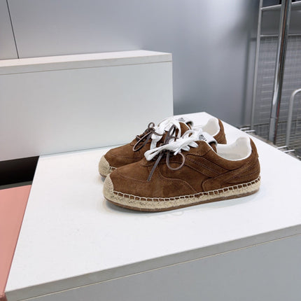 MIUMIU 26S LACE UP ESPADRILLE SNEAKERS IN DARK BROWN SUEDE ROPE SOLE